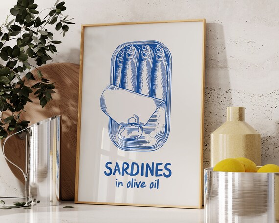 Sardines Tin Print Kitchen Wall Art Vintage Food Art Retro Kitchen Decor Sardines Wall Art Fish Poster Seafood Art