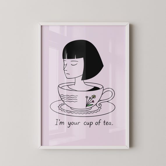 Minimalist Tea Cup Line Art Print Black Purple Kitchen Decor