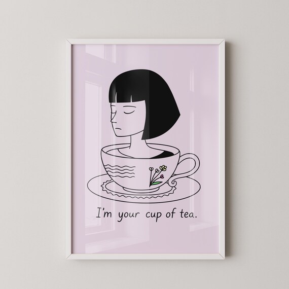 Your Cup Of Tea Minimalist Line Art Funny Pink Kitchen Wall Art