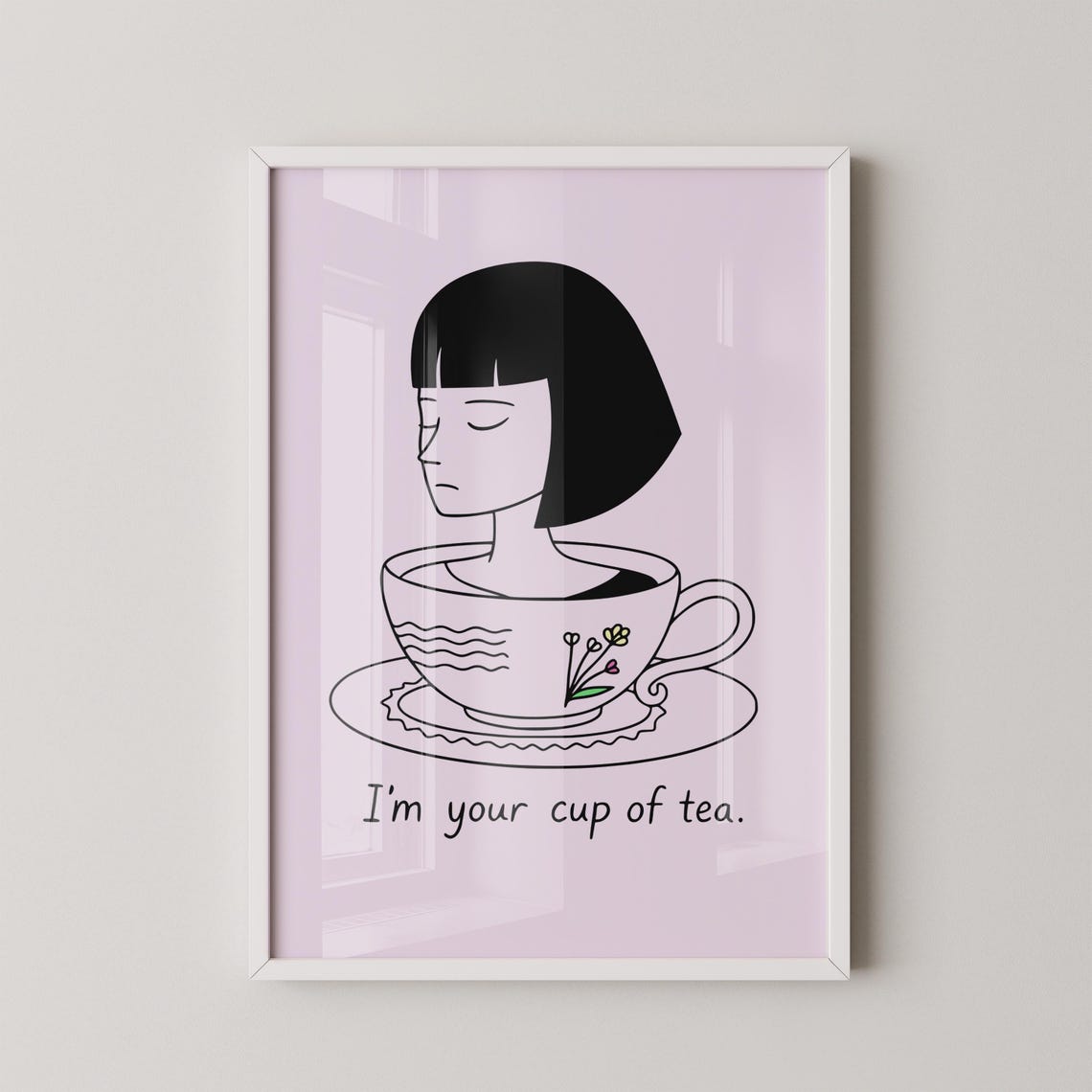 Your Cup Of Tea Minimalist Line Art Funny Pink Kitchen Wall Art