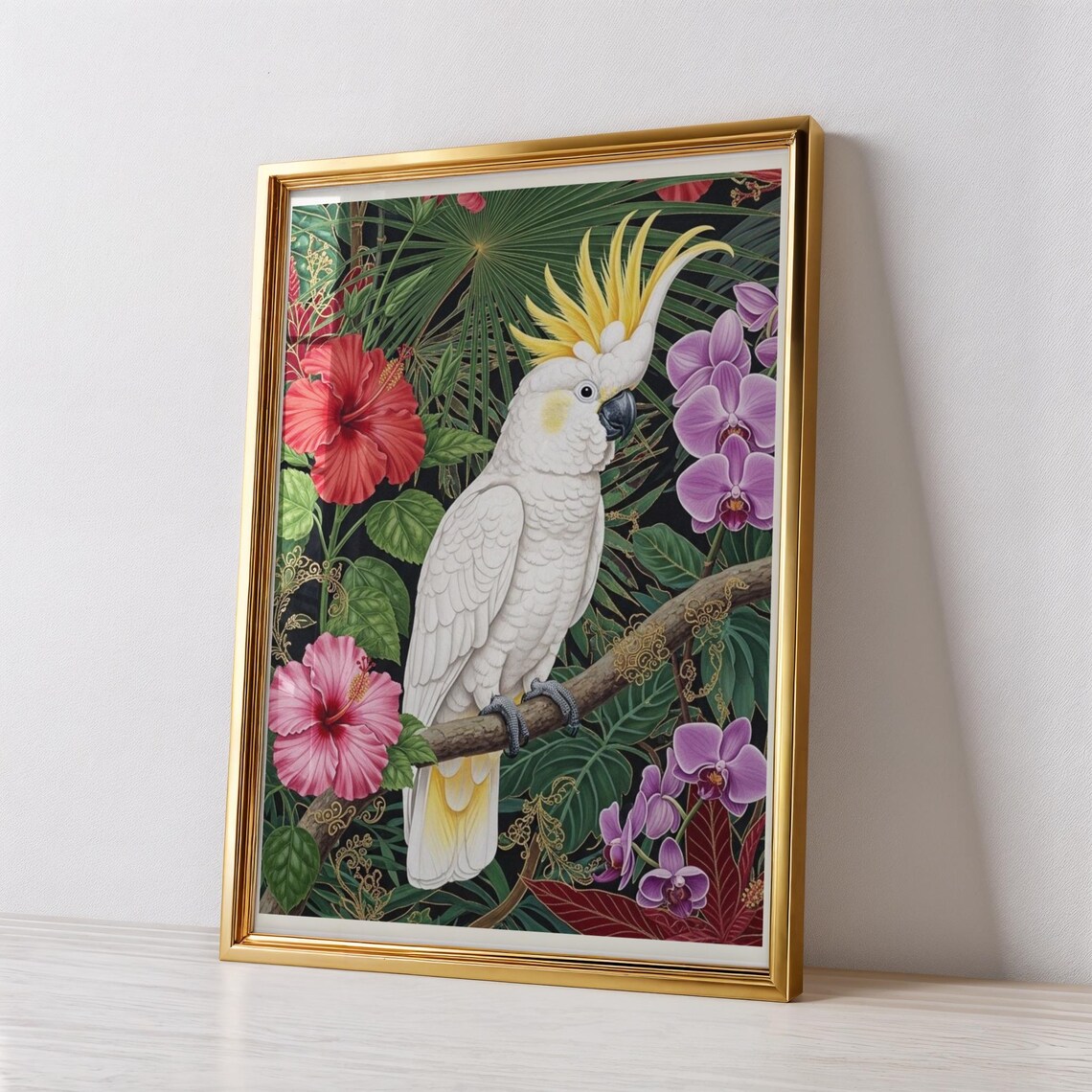 White Cockatoo Yellow Crest Tropical Hibiscus Bird Art Poster