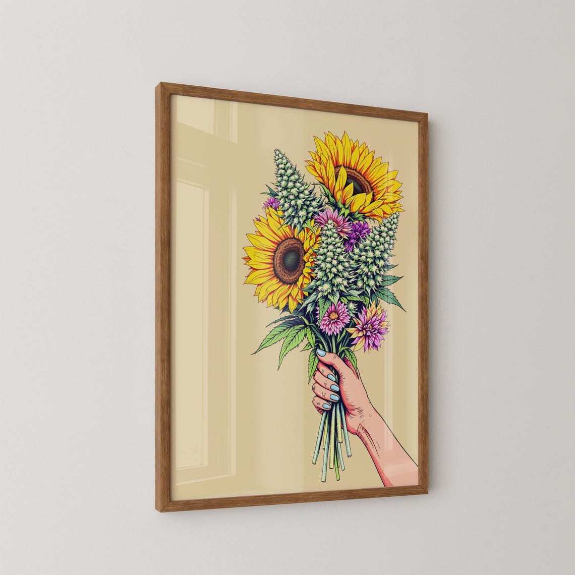 Cannabis Sunflower Bouquet Held By Hand Bold Floral Art Poster