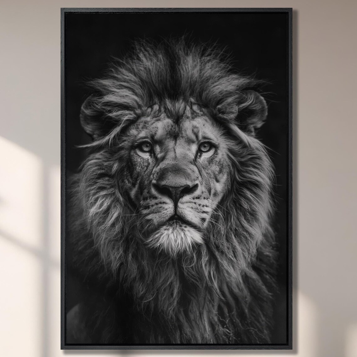 Black and White Lion Wildlife Art Print, Monochrome