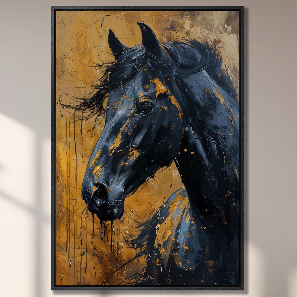 Black Horse Head On Golden Splatter Background Expressive Art Poster