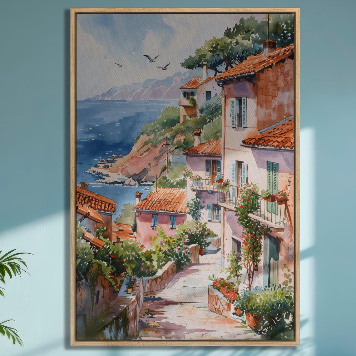 Mediterranean Seaside Village Watercolor With Terracotta Roofs Poster