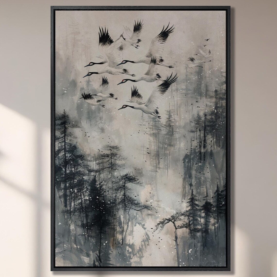 Flock Of Soaring Cranes, Foggy Forest Painting Print
