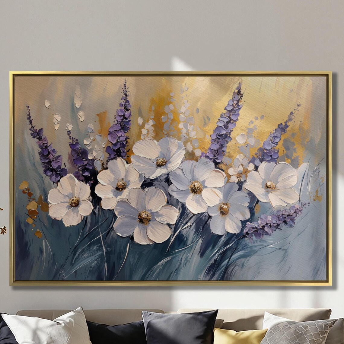 White Flowers And Lavender Sprigs On Golden Glow Painting Poster