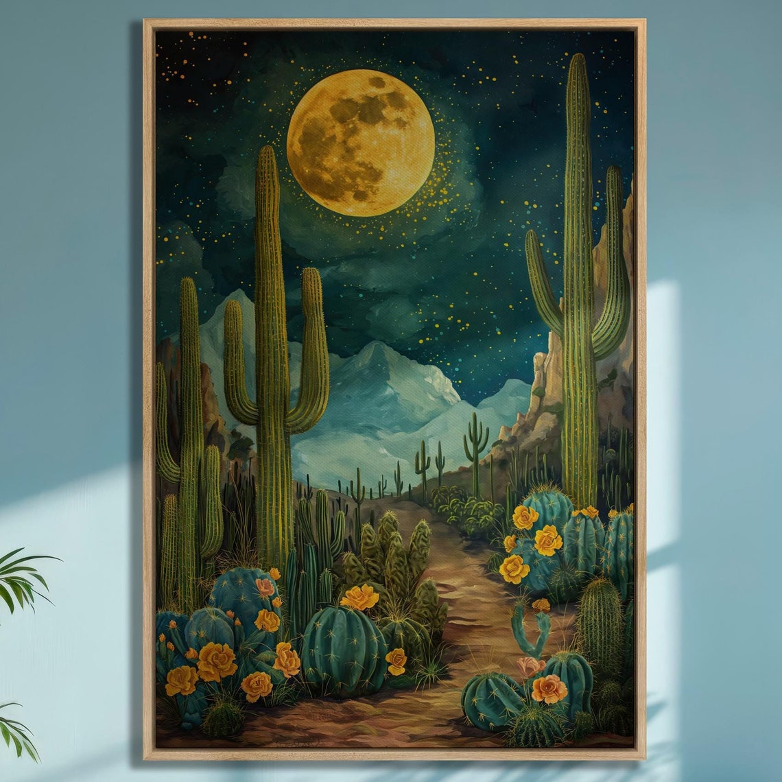 Enchanting Saguaro Cactus Desert Path Under a Full Moon Night Poster