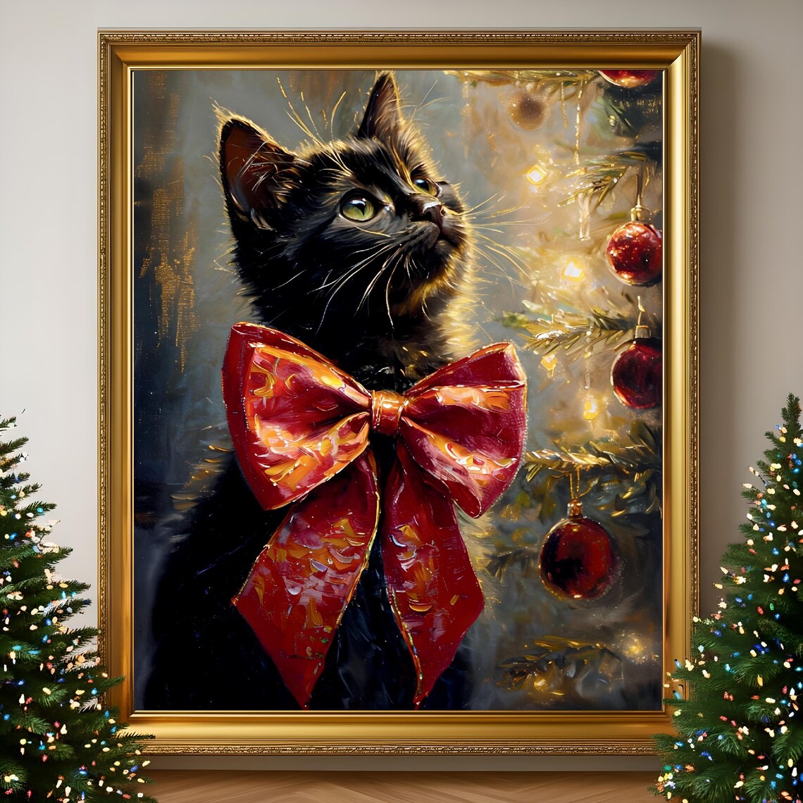 Black Cat With Red Bow By Christmas Tree Vintage Holiday Poster
