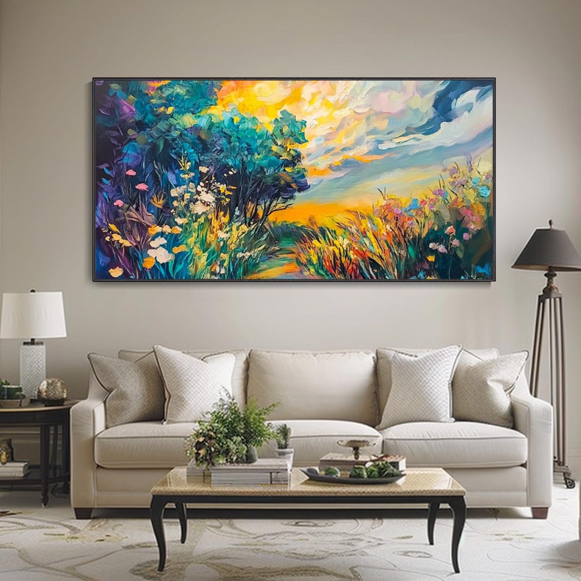 Impressionist Spring Wildflower Meadow Sunset Landscape Oil Poster - Image 3