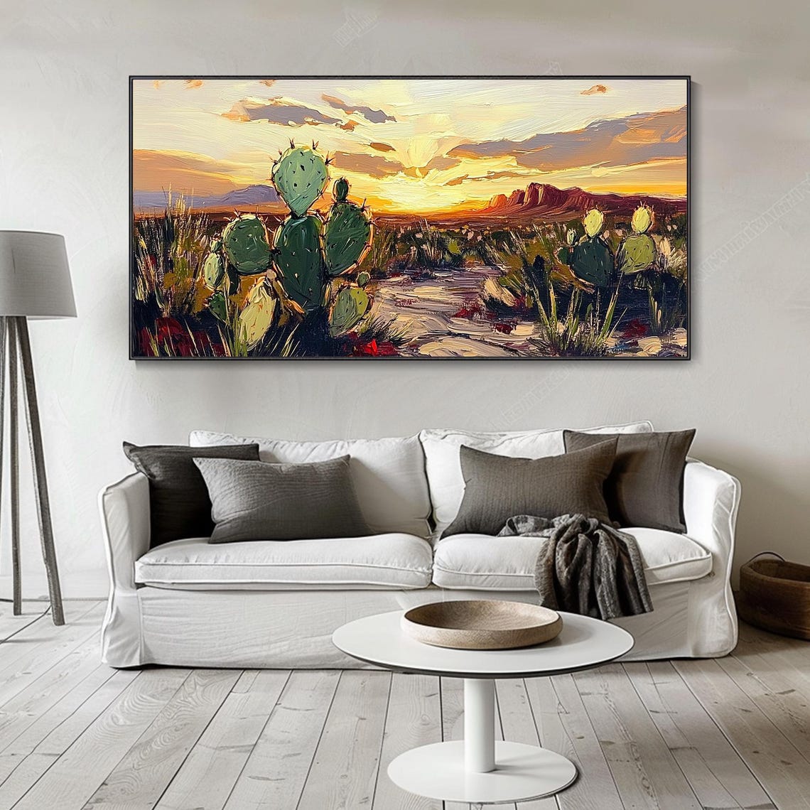 Golden Prickly Pear Cactus Desert Sunset Mesa Impasto Art Poster - Image 3