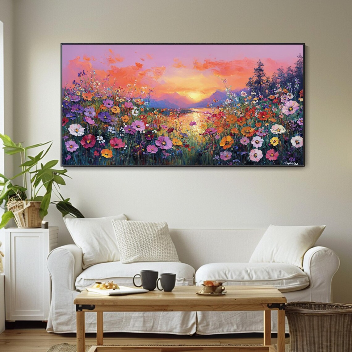 Wildflower Meadow Sunset Mountain Lake Landscape Modern Poster - Image 4