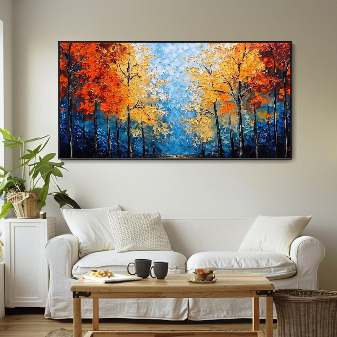 Blue Forest Autumn Red Orange Canopy Path Textured Art Poster - Image 4