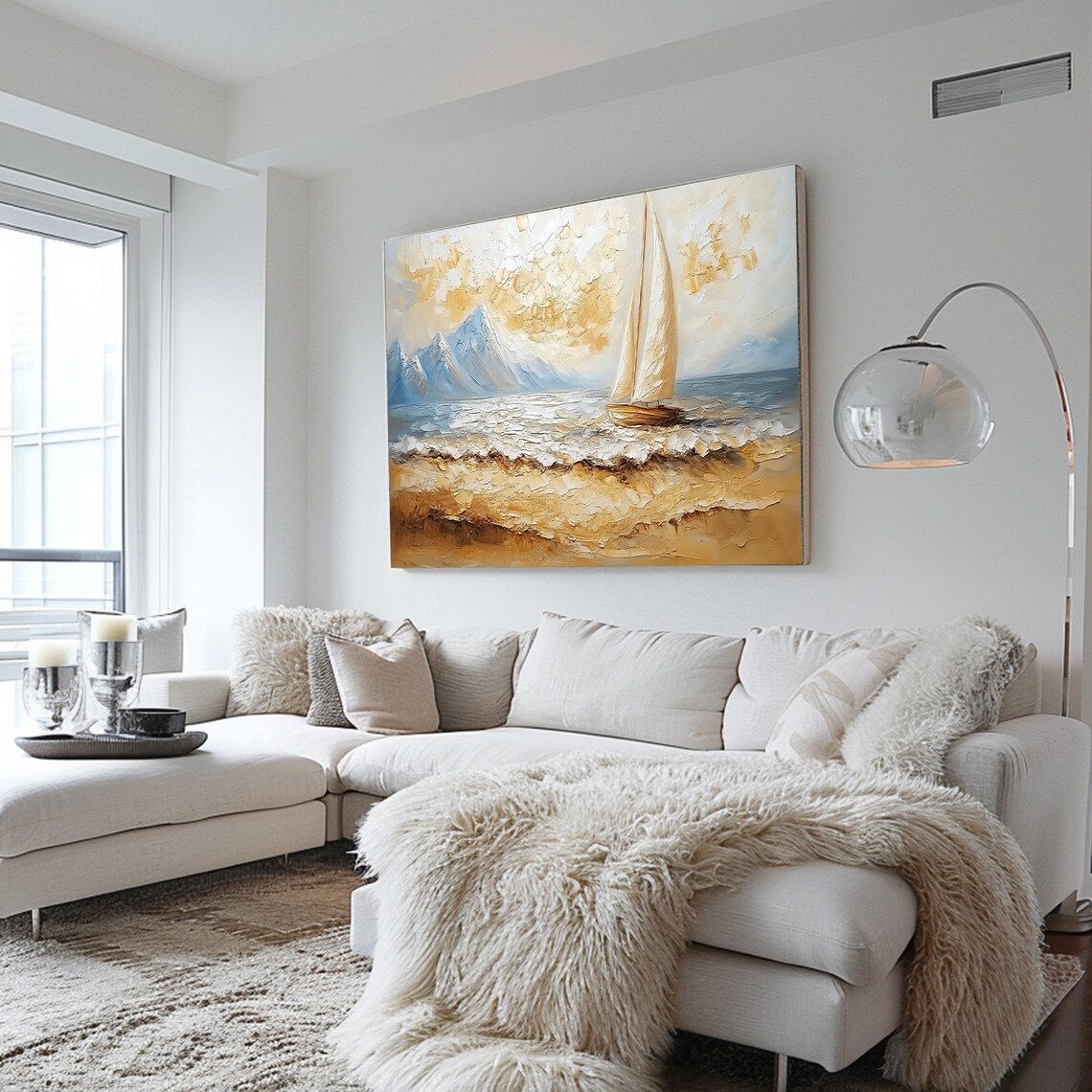 Sailboat Golden Ocean Blue Mountains Beige Seascape Art Poster - Image 2
