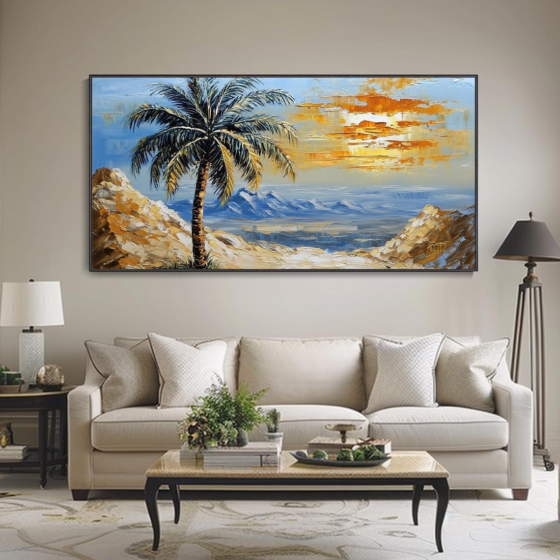 Desert Oasis Palm Tree Blue Mountains Sunset Landscape Art Poster - Image 3