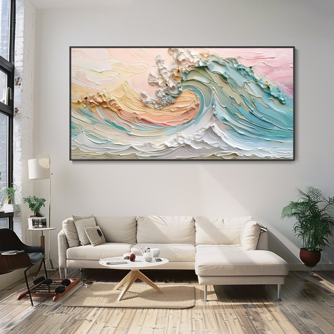 Pastel Ocean Wave Curl Teal Peach 3D Texture Seascape Art Poster - Image 2