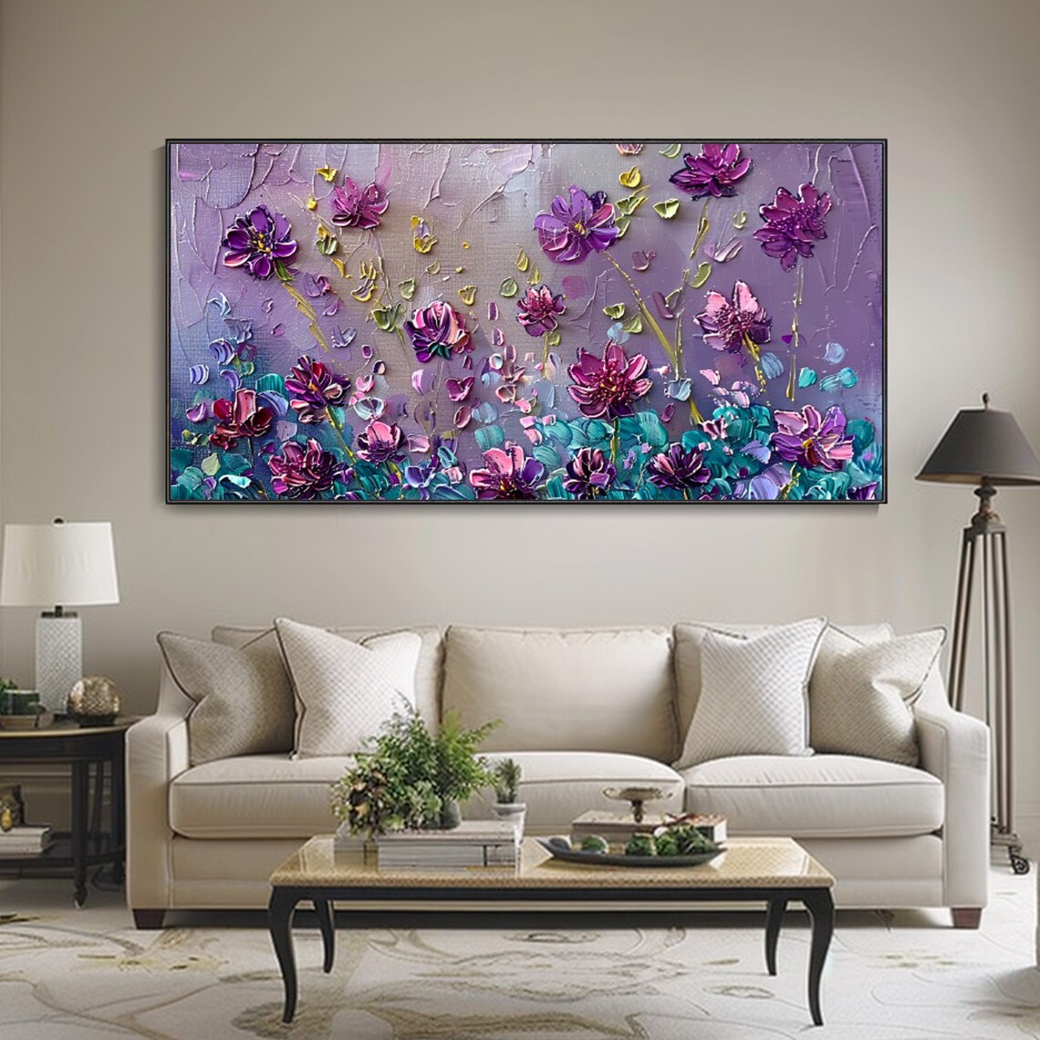 Purple Flower Abstract Landscape Oil Painting Art Print - Image 2