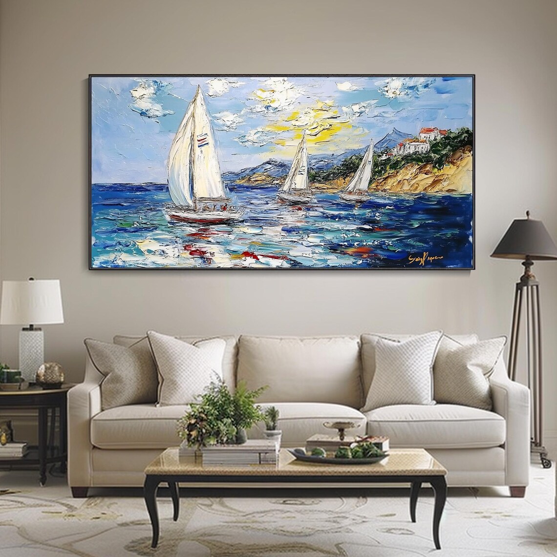 Sailboats Blue Sea Coastal Town Regatta Bright Seascape Art Poster - Image 2