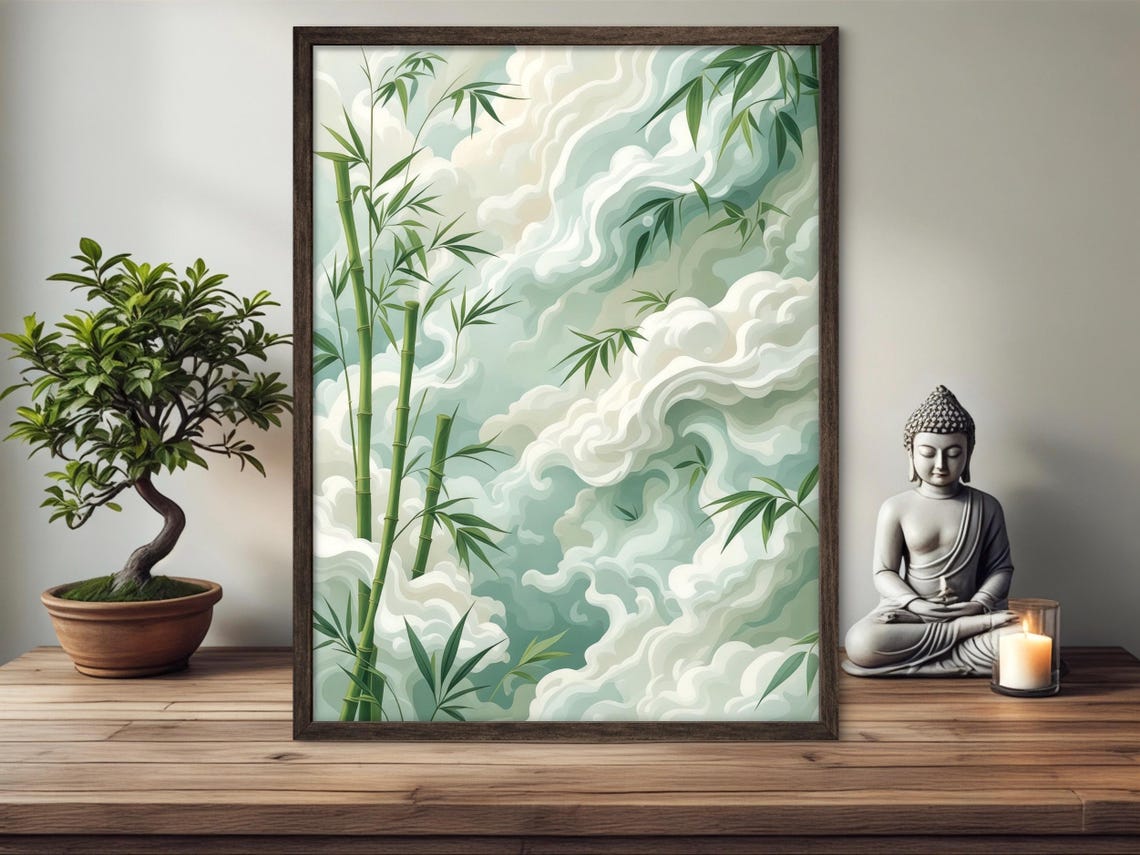 Zen Bamboo Wall Art Asian Inspired Poster Misty Nature Artwork Serene Meditation Decor Instant Tranquility