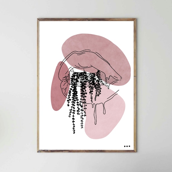 Abstract Pink Lips Botanical Line Art Poster Modern Minimalist Wall Decor