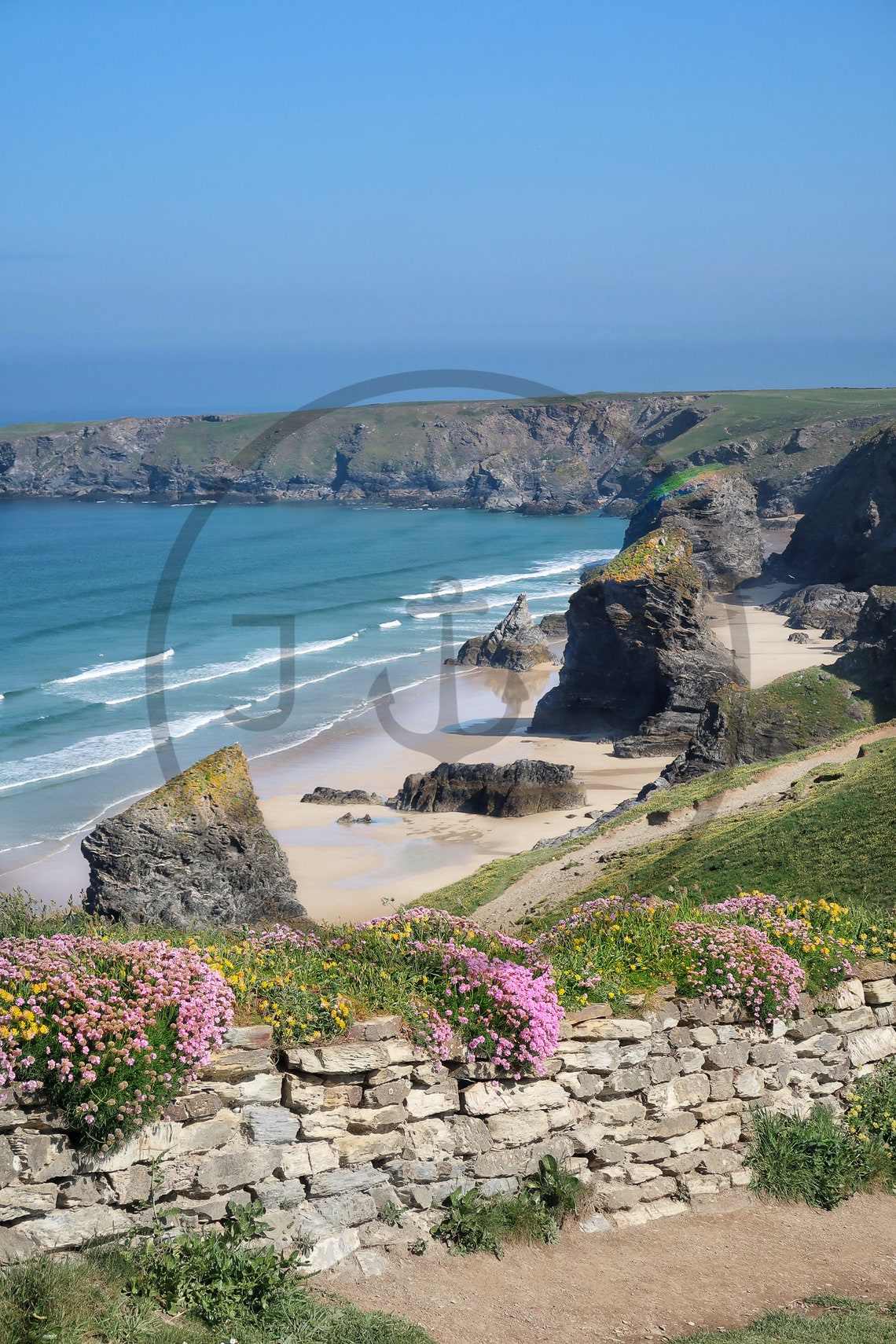 Bedruthan Steps Beach Cornwall Sea Stacks Wildflowers Poster - Image 3