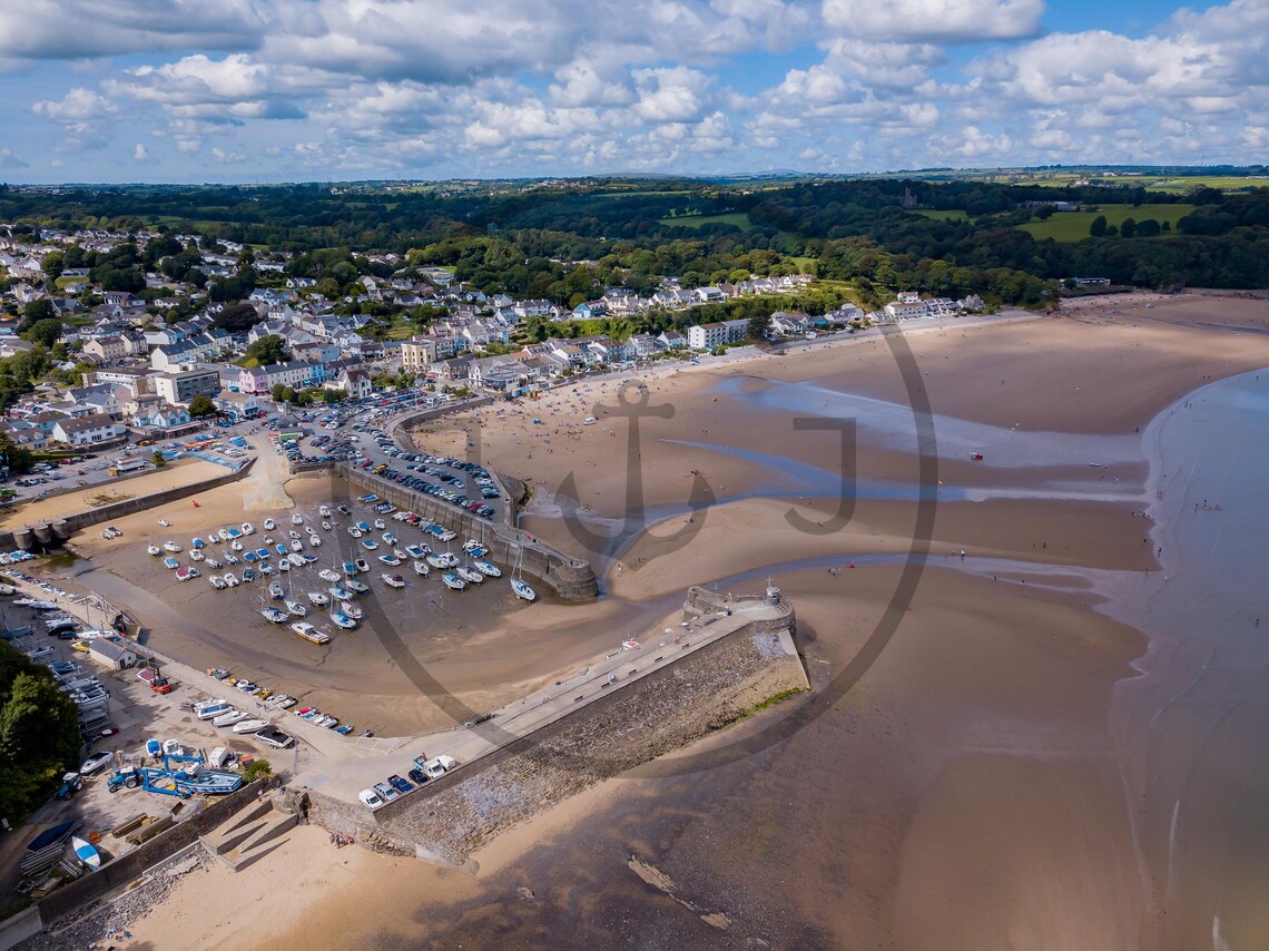 Saundersfoot Harbour And Town Aerial View At Low Tide Wales Poster - Image 3