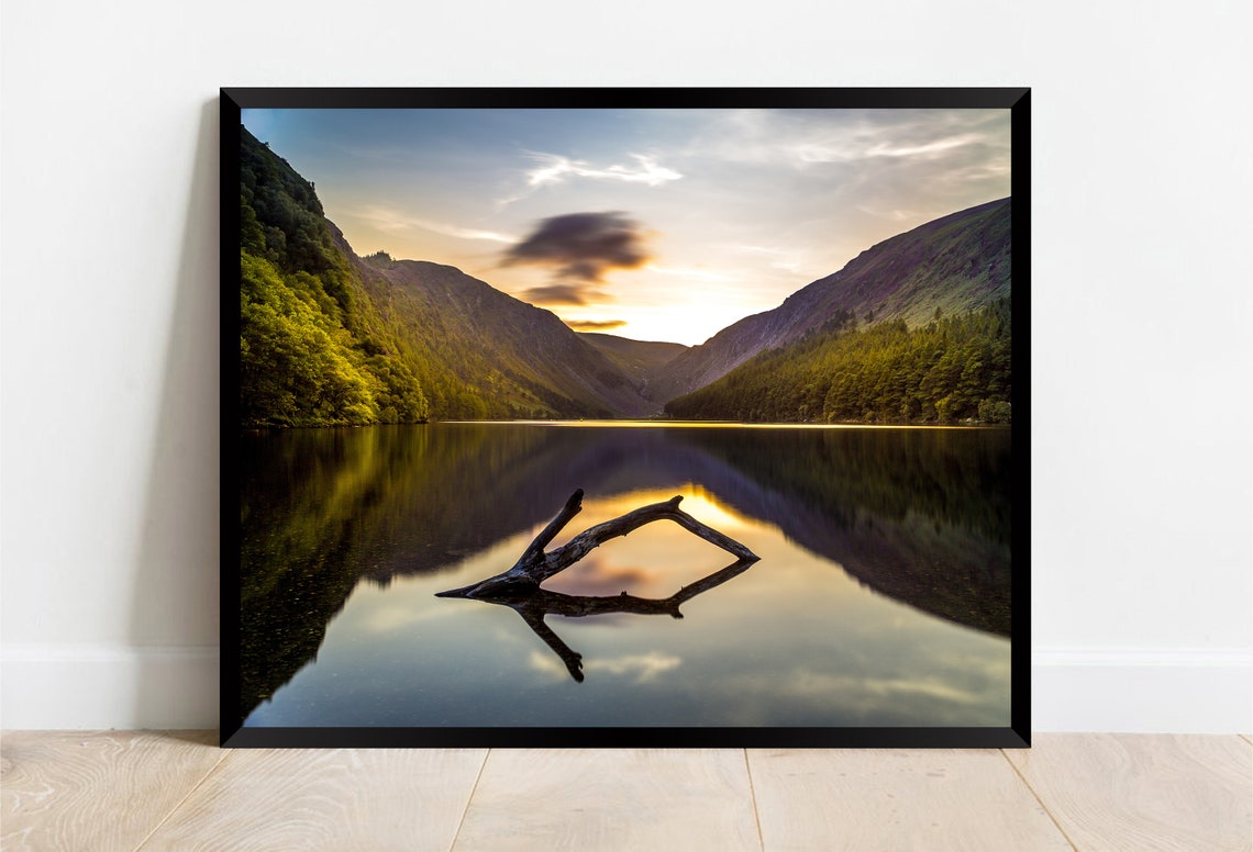 Glendalough Upper Lake Ireland Sunset Reflection With Driftwood Poster - Image 2