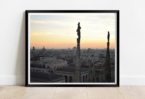 Milan Italy Sunset Duomo Rooftop Statues Skyline Photo Poster