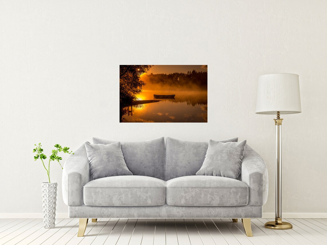 Loch Rusky Scotland Misty Sunrise Boat Still Water Golden Glow Poster - Image 2