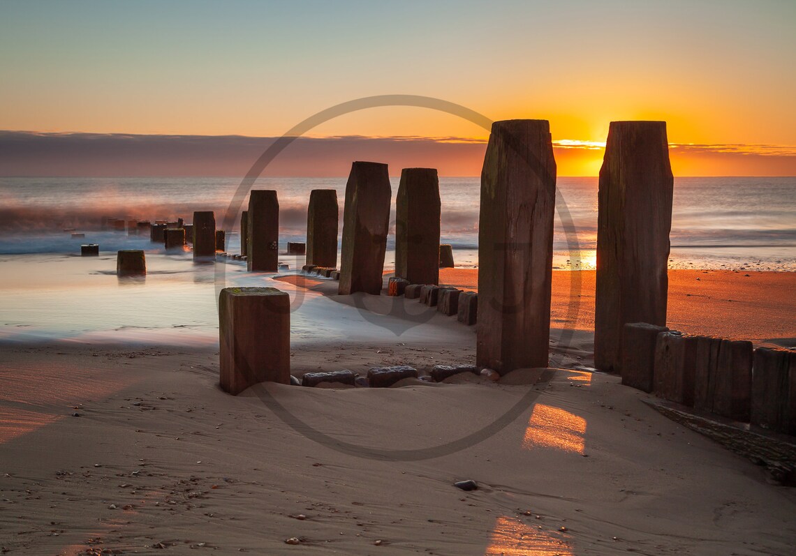 Walcott Beach Norfolk Wooden Groynes Golden Sunset Seascape Poster - Image 3