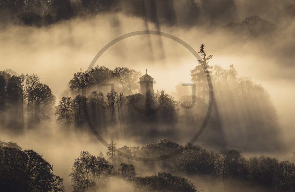 Misty Sunrise Church Spire In Foggy Hills Lake District Poster - Image 3