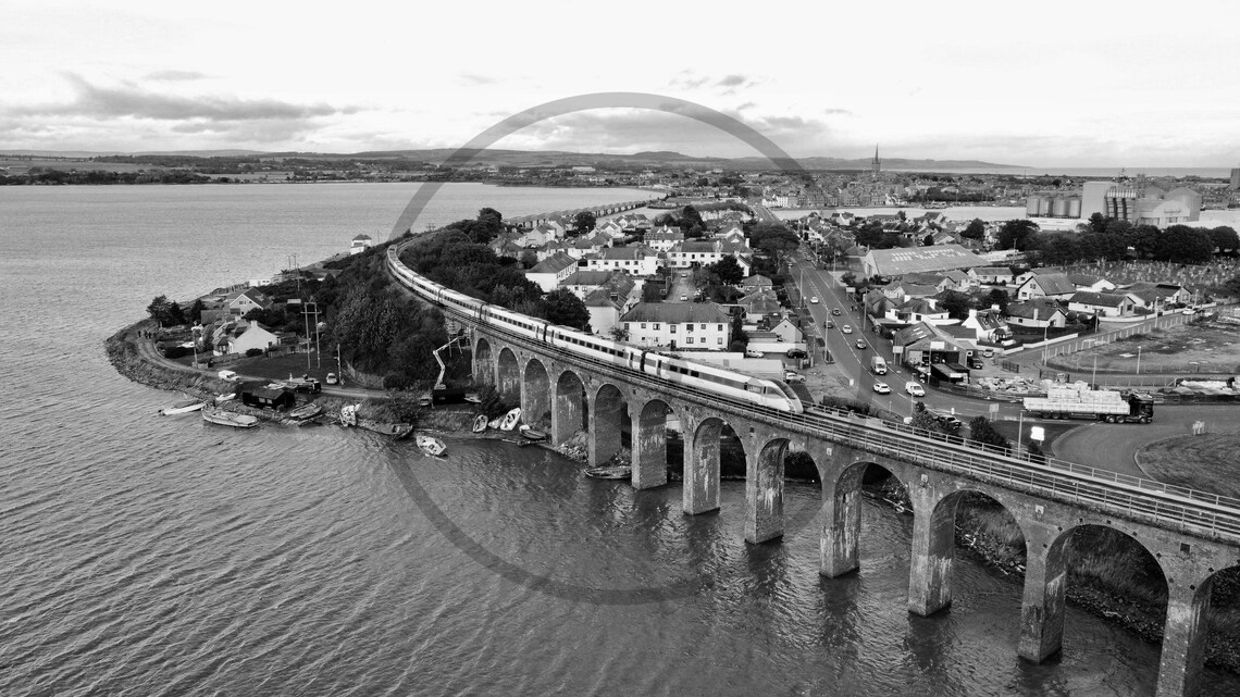 Montrose Angus Scotland Train Viaduct Black and White Aerial Poster - Image 3