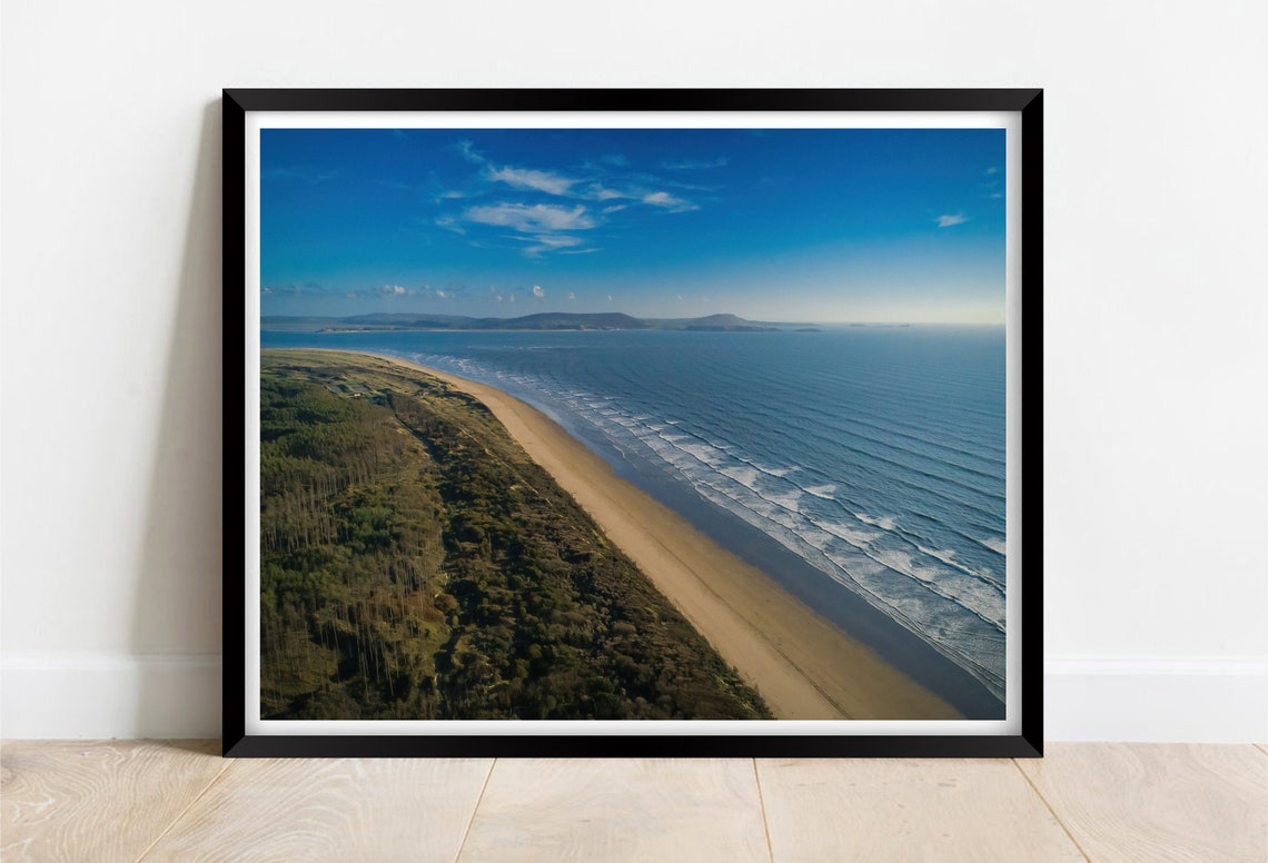 Carmarthen Bay Wales Aerial Long Beach Forest Surf Landscape Print