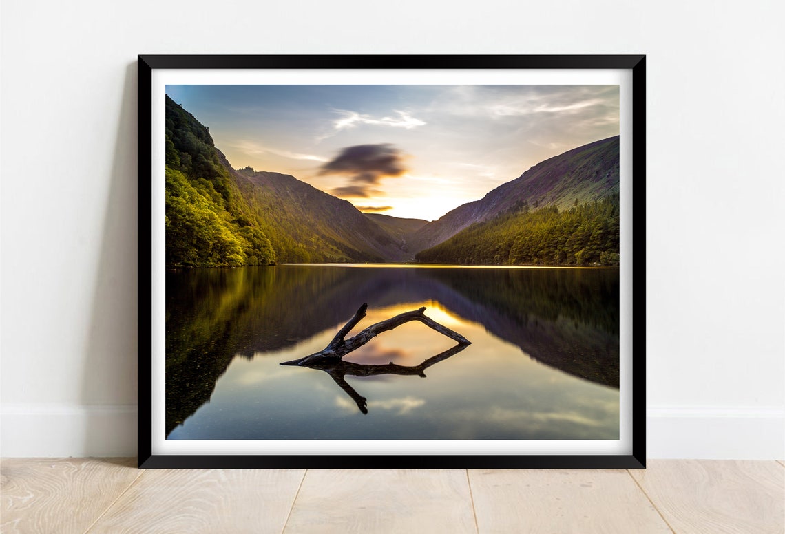 Glendalough Upper Lake Ireland Sunset Reflection With Driftwood Poster