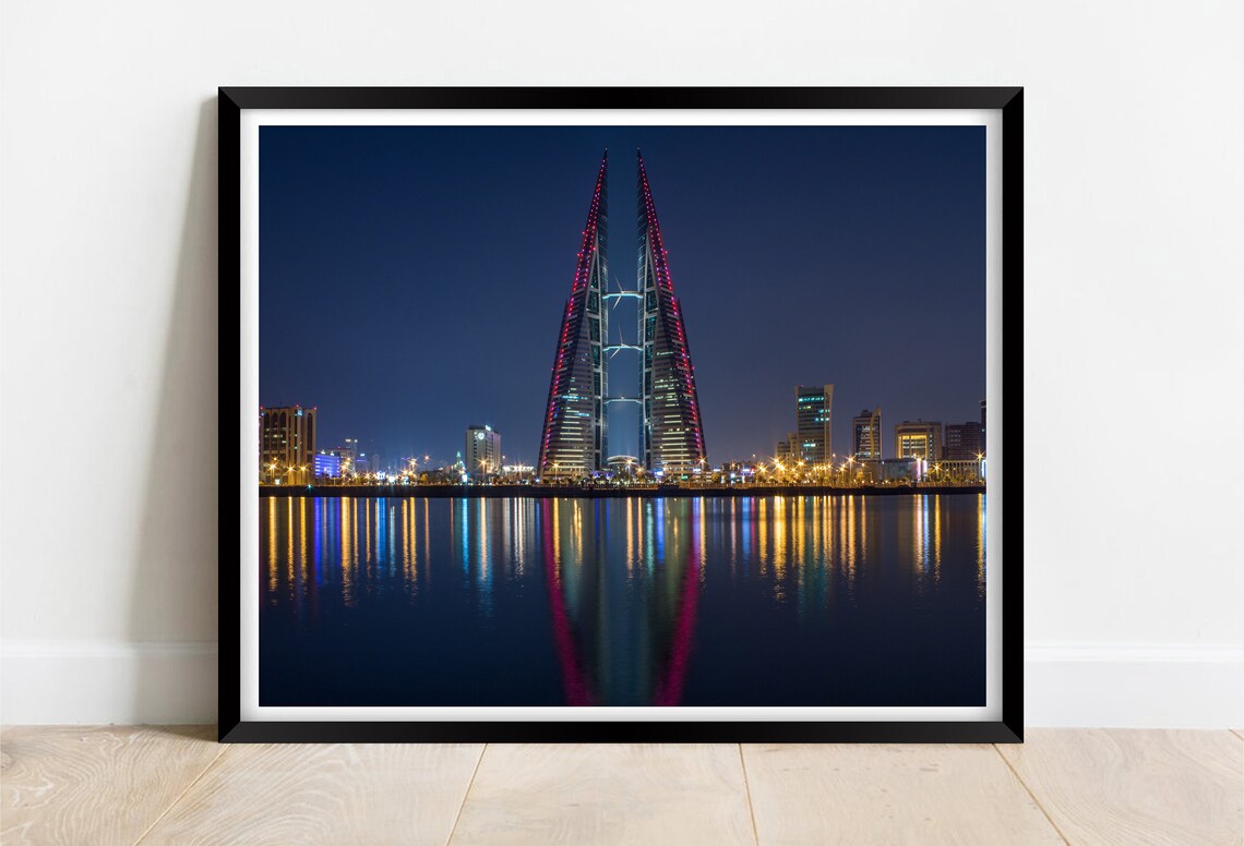 Bahrain World Trade Centre Manama Twin Towers Night Glow Poster