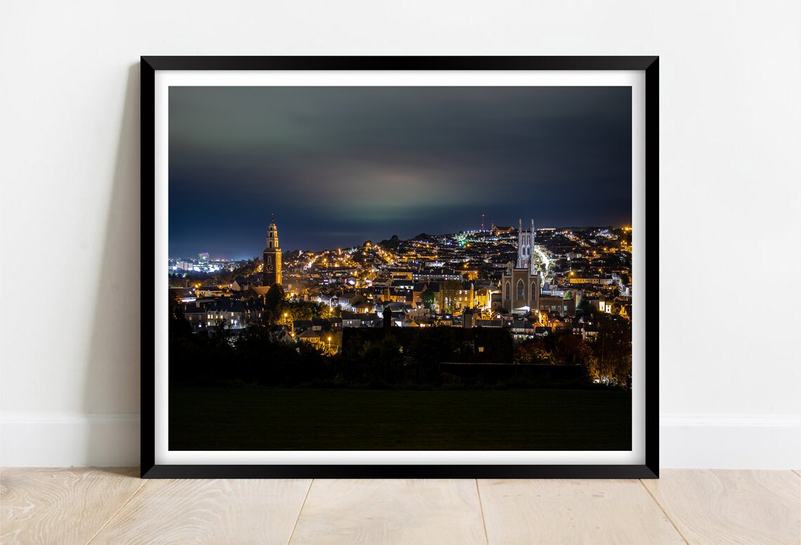 Cork City Ireland Night Lights Cathedral Skyline View Poster