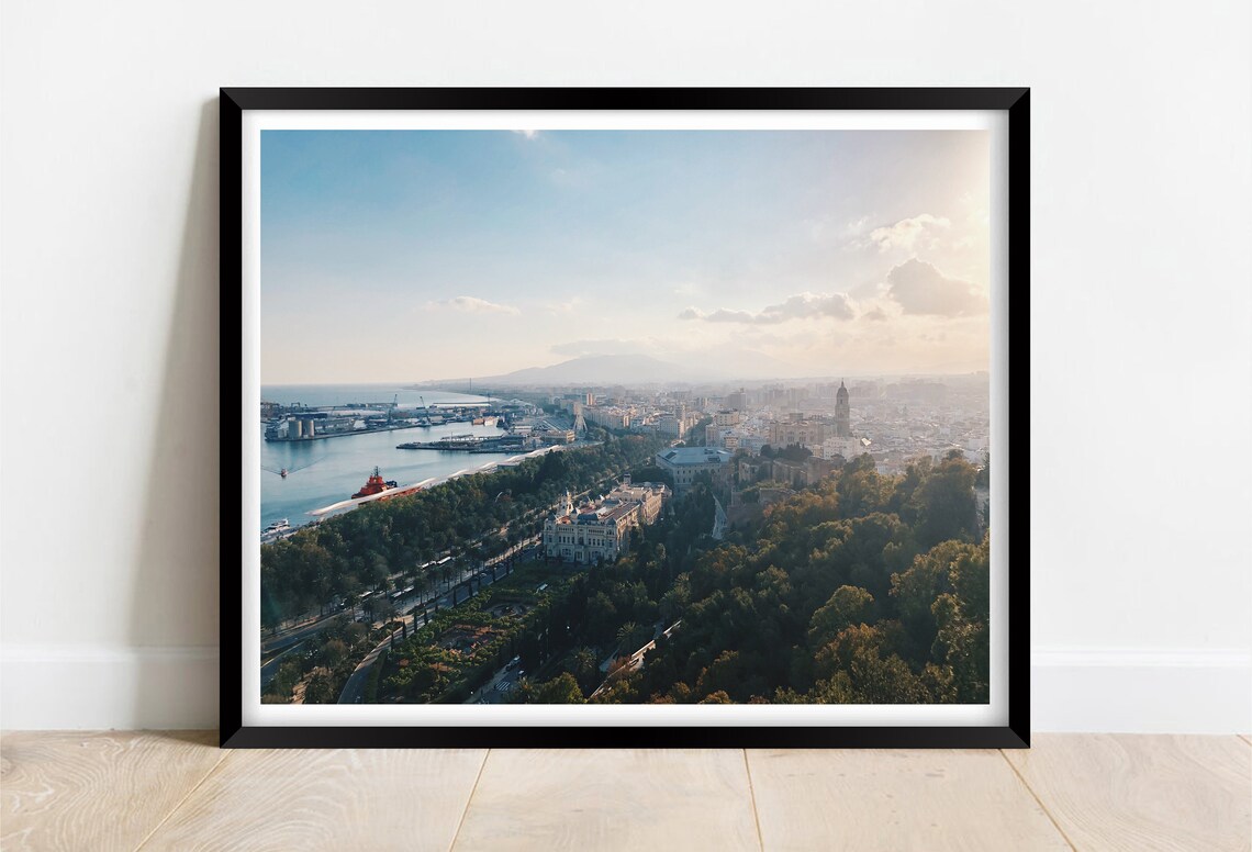 Malaga Spain Sunset Aerial City View Port Cathedral Glow Poster