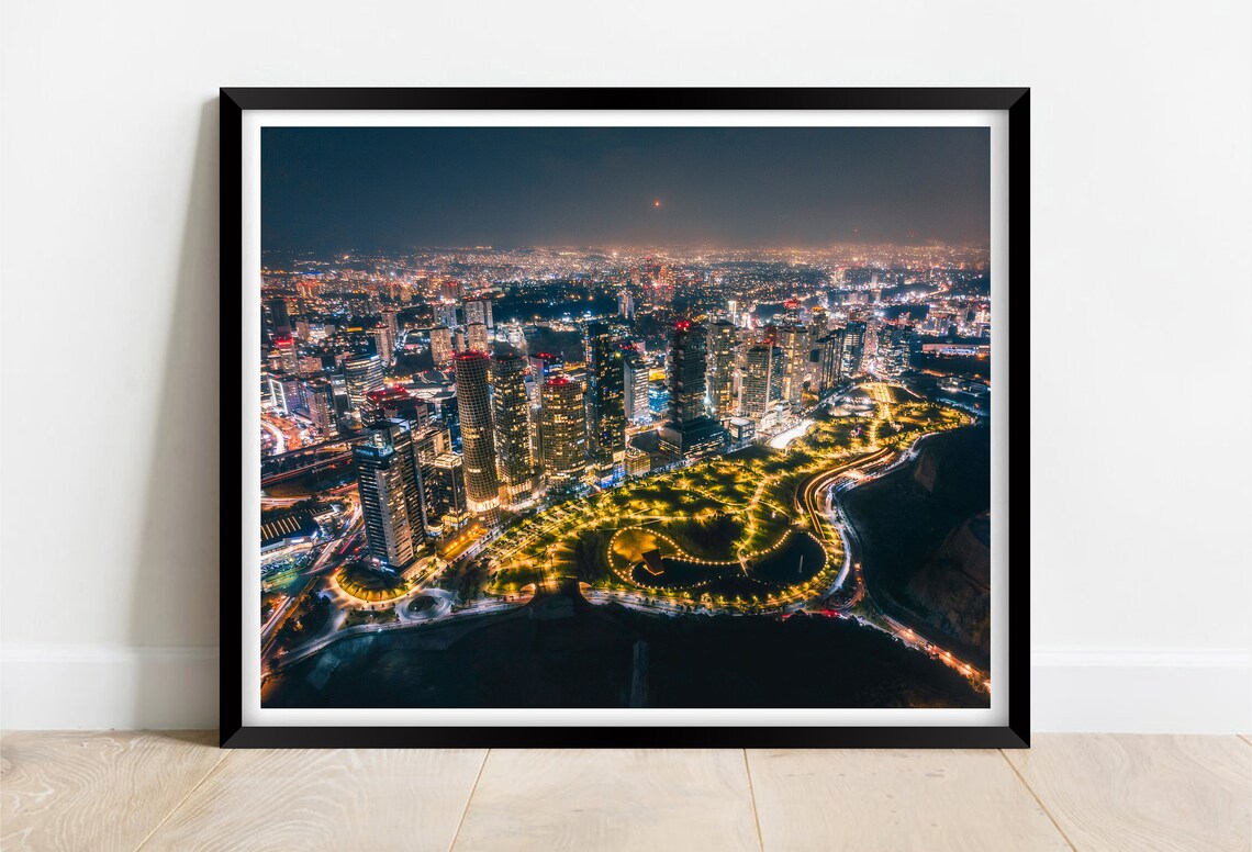 Mexico City Night Aerial With Glowing Skyscrapers And Green Park Poster
