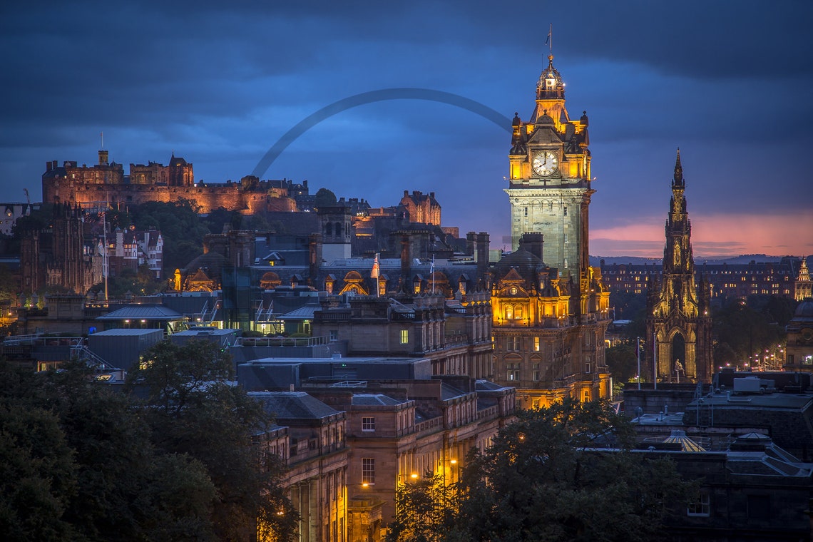 Edinburgh Scotland Dusk Castle Clock Tower City Skyline Poster - Image 3