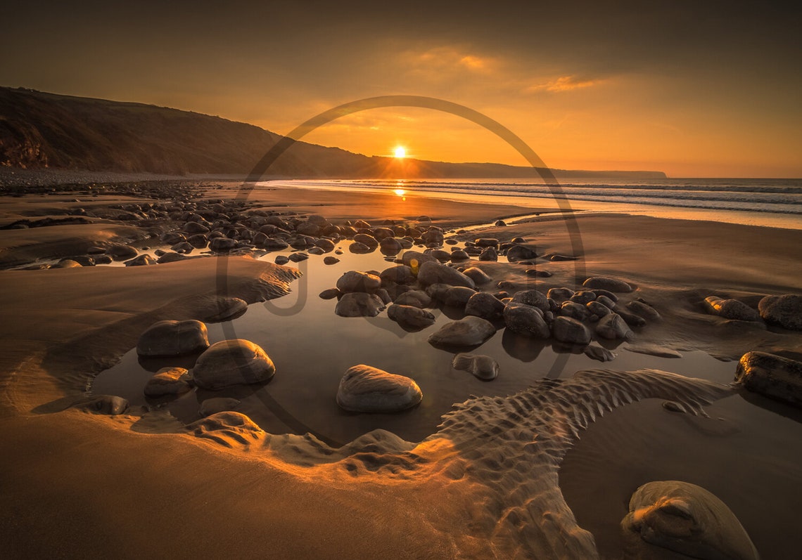 Peppercombe Beach Devon Sunset Rock Pools Golden Sand Shore Poster - Image 3
