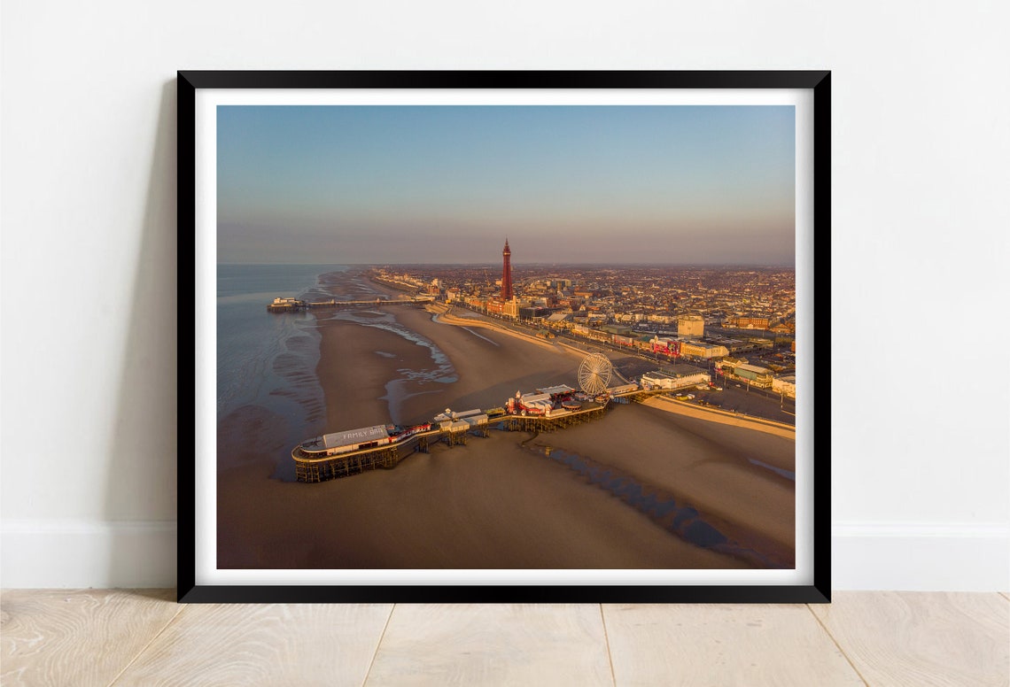 Blackpool Tower Beach Piers Sunset Aerial Lancashire Glow Poster