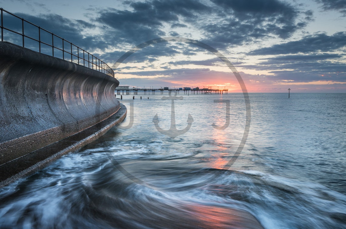 Teignmouth Devon Beach Pier Sunset Curved Sea Wall Glow Poster - Image 3