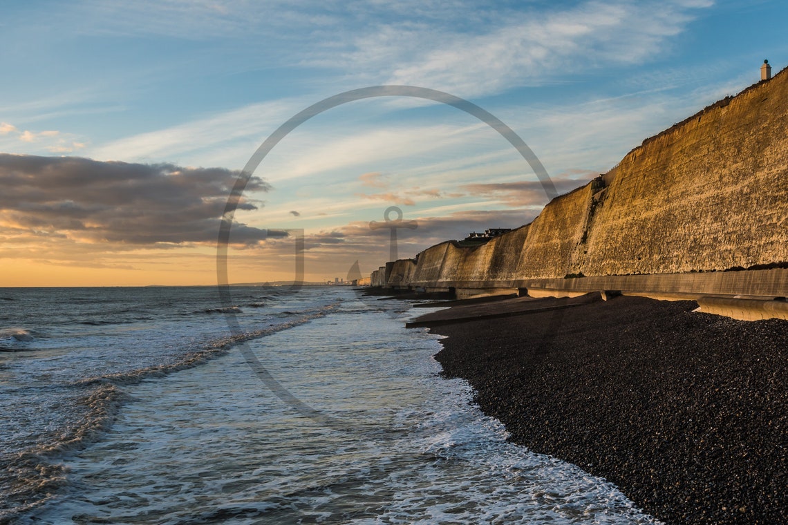 Peacehaven Beach Chalk Cliffs and Shingle Shore at Sunset Poster - Image 3