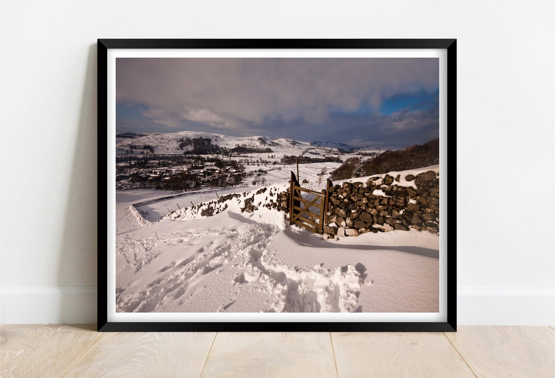 Settle Yorkshire Dales Snowy Winter Gate Stone Wall Hills Poster