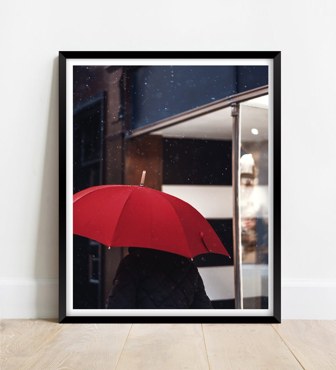 Red Umbrella In Rain City Street Night Moody Urban Photo Poster