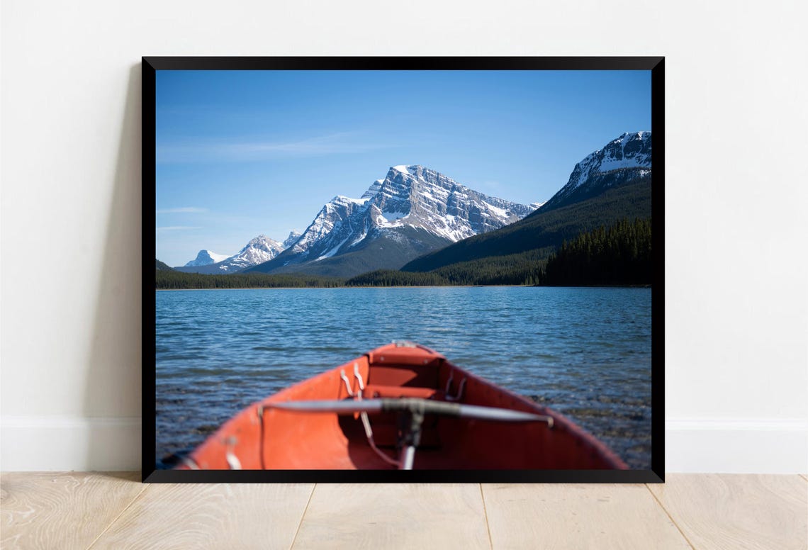 Red Canoe on Mountain Lake Snowy Peaks Adventure Trip Poster - Image 2