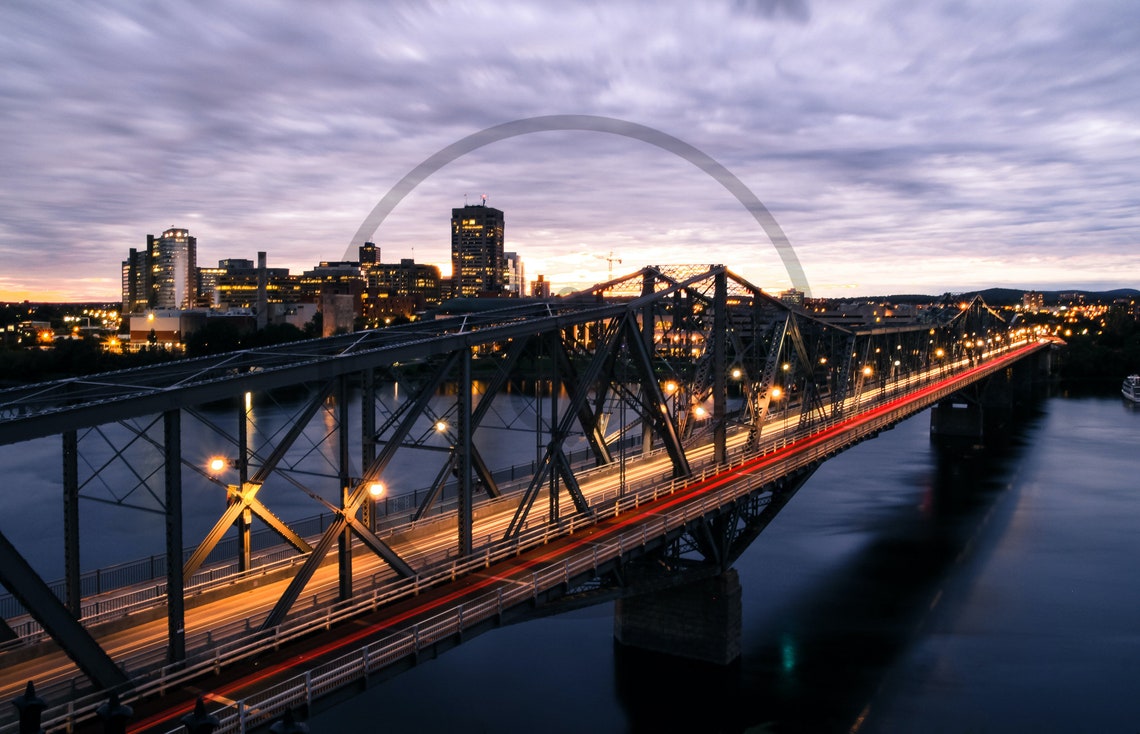 Ottawa Canada Steel Truss Bridge Over The River At Sunset Dusk Poster - Image 3