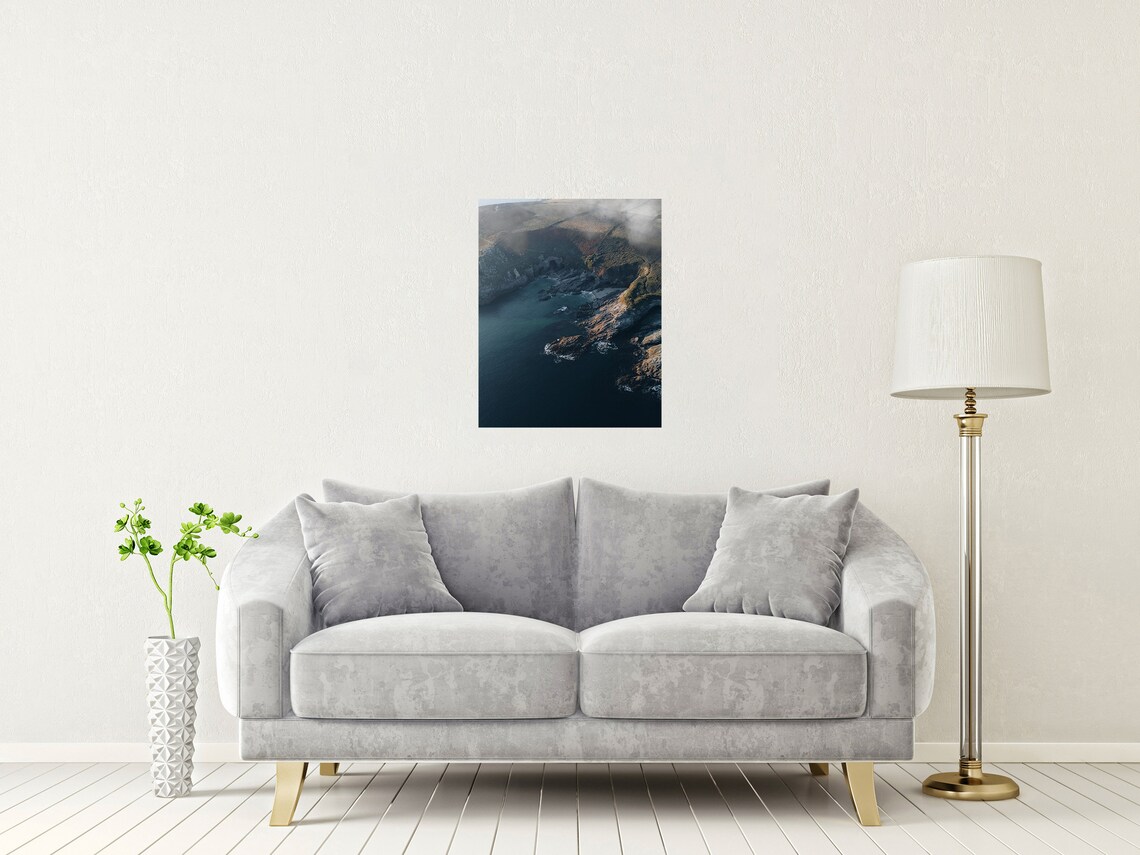 Prussia Cove Cornwall Rocky Coast Aerial Moody Waters Poster - Image 2