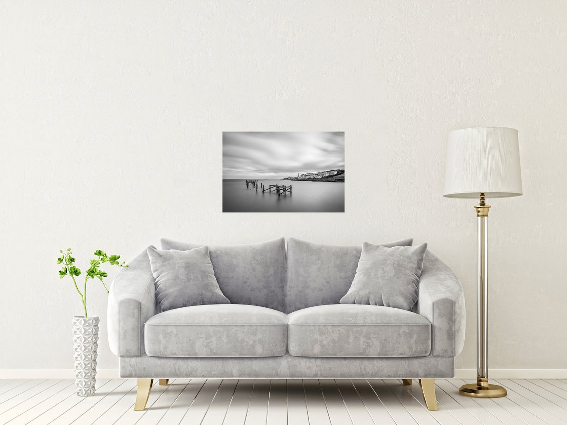 Swanage Dorset Old Pier Remains Black And White Seascape Poster - Image 2
