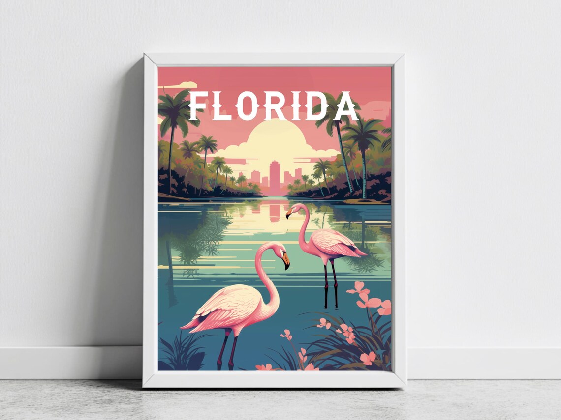 Florida Flamingos Sunset Lagoon Palm Trees City Vintage Travel Poster - Image 3